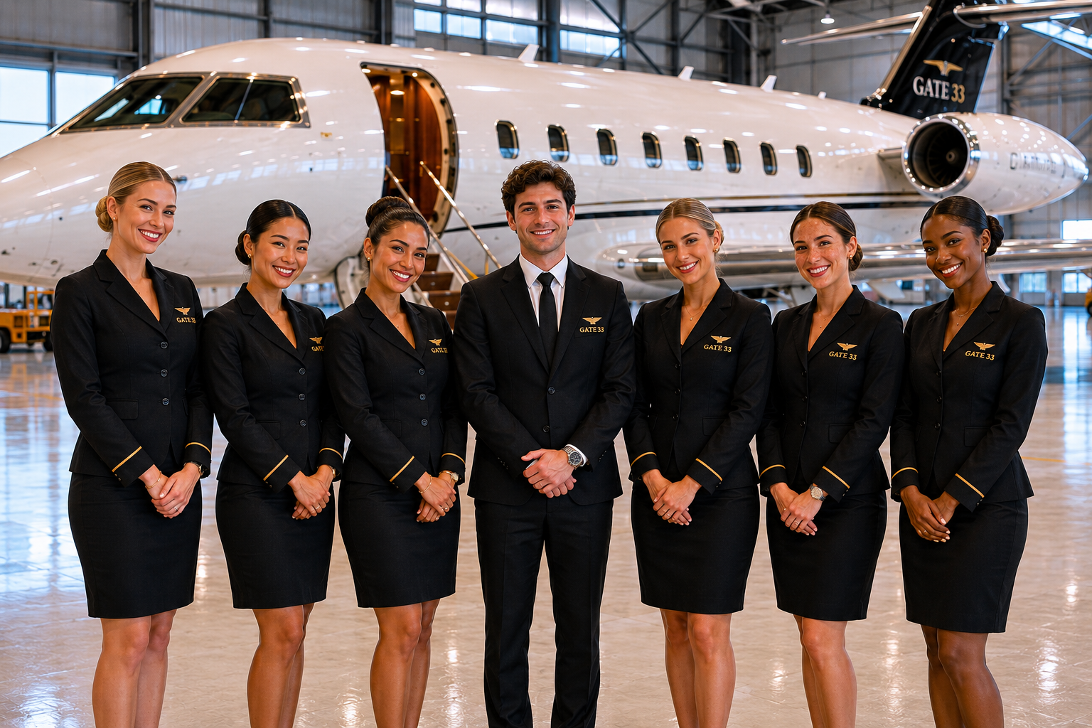 Gate 33 — private aviation cabin crew and pilot in front of a business jet